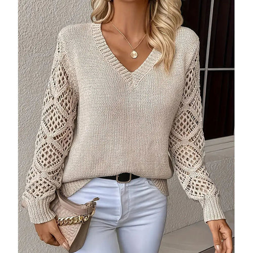 Pull en tricot pour femmes avec un motif de trous sophistiqué et un col en V Chic & Stil