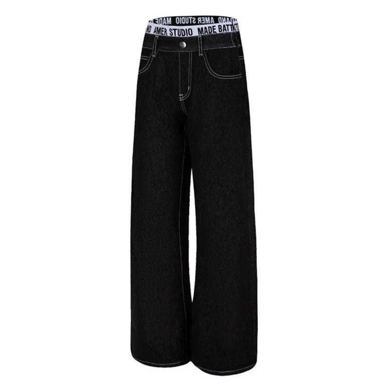 Women Wide High-Waist Denim Pants with Logo Elastic Waistband and Palazzo Silhouette Amarae