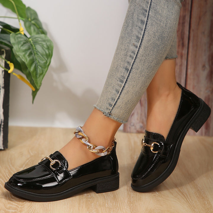 Ladies Patent Leather Platform Loafer with Gold Horsebit Detail and Low Block Heel Amarae