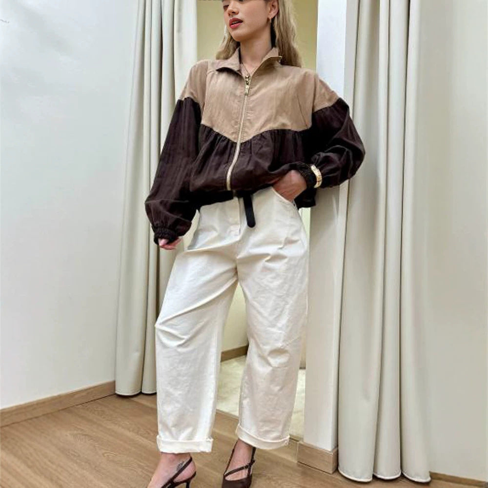 Women's short cut multicolored bomber jacket with drawstring, raglan sleeves, and zipper Amarae