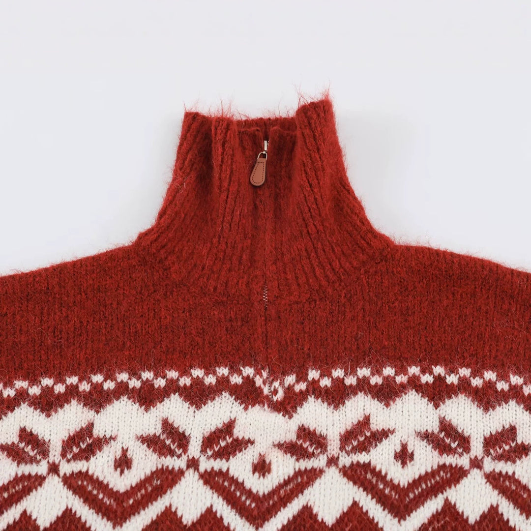 Women's Norwegian Pattern Knit Sweater with Half Zipper and Stand-up Collar Amarae
