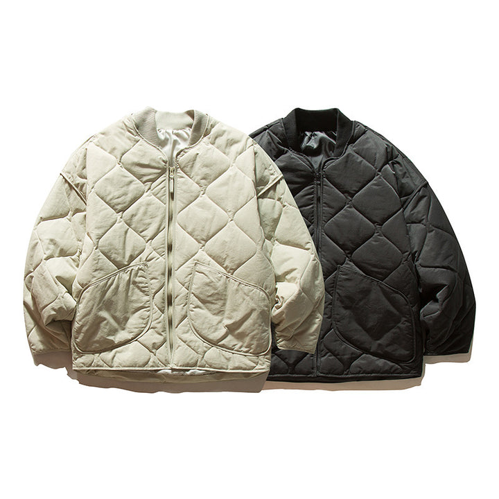 Unisex Lightweight Boxy Puffer Jacket with distinctive diamond quilting, front round pockets, and ribbed collar Amarae