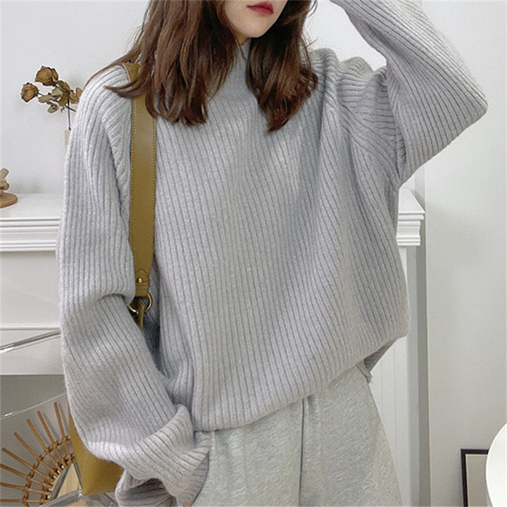Oversized knitted sweater for women with high collar and fine ribbed structure Lune London
