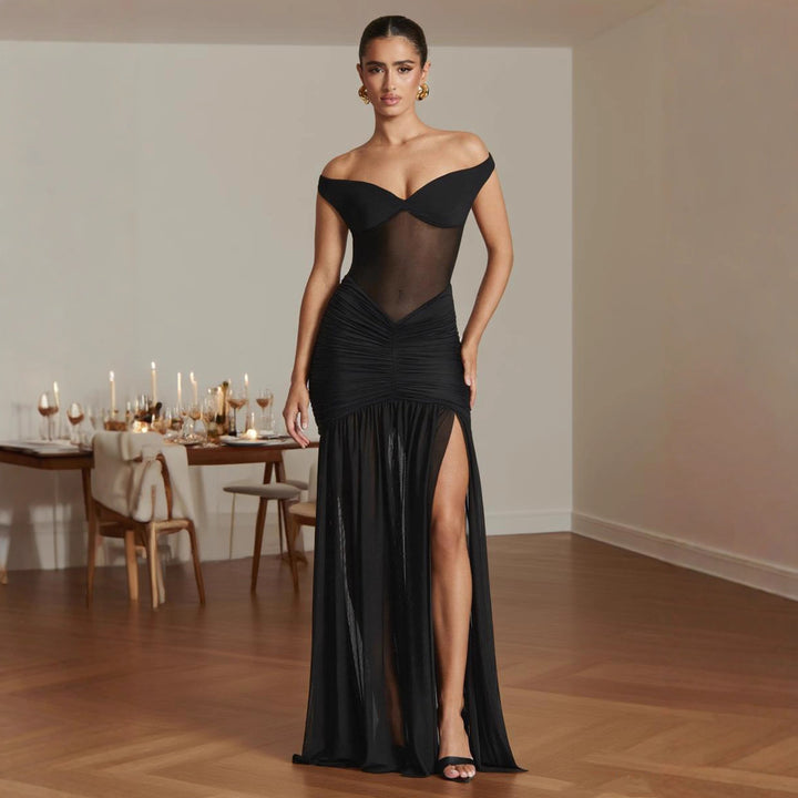 Women's figure-hugging evening dress with off-the-shoulder design and side slit Lune London