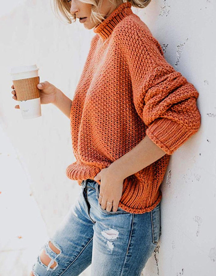 Women chunky knit sweater with stand-up collar, block stripes and oversized fit Amarae