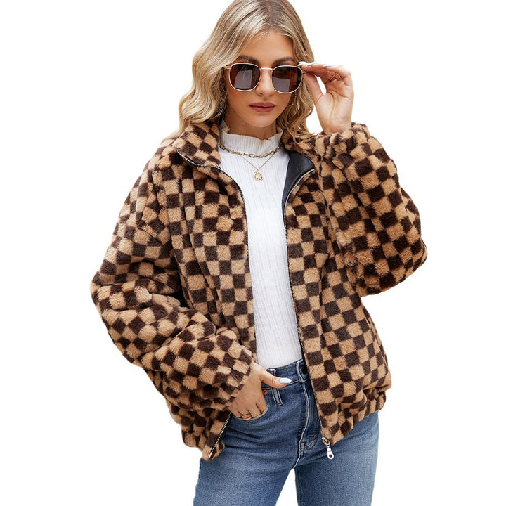 Fleece jacket for women with a modern checked pattern and high collar Lune London