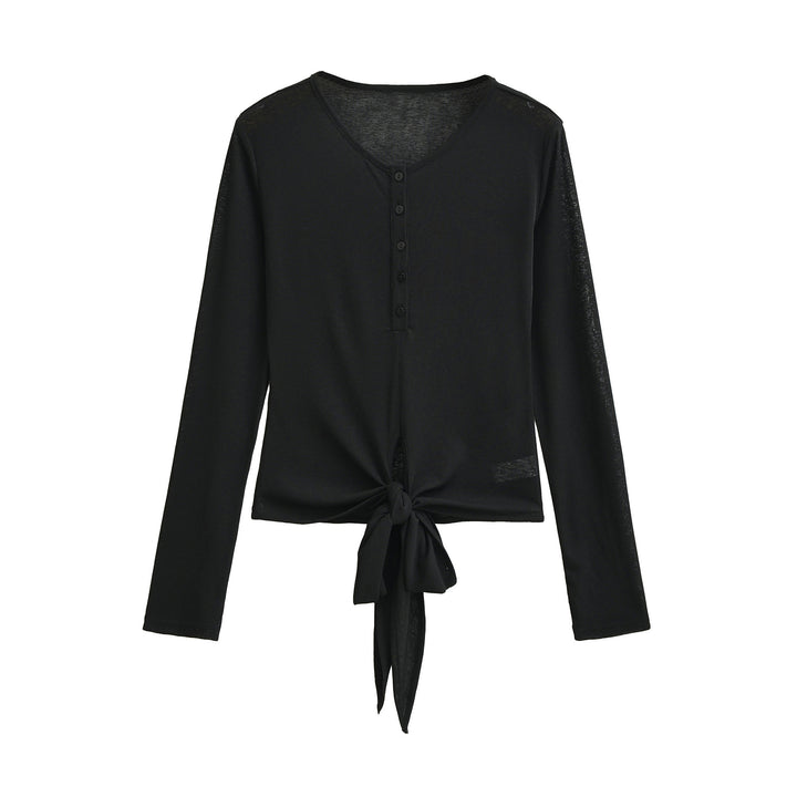 Women’s Long Sleeve Henley Top with Knot Front and Button Placket Amarae