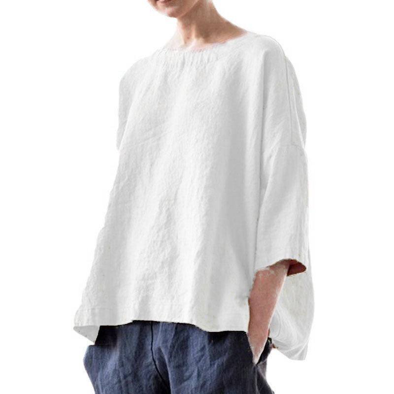 Women's oversized linen blouse with wide boxy cut, boat neckline and 3/4 sleeves Amarae