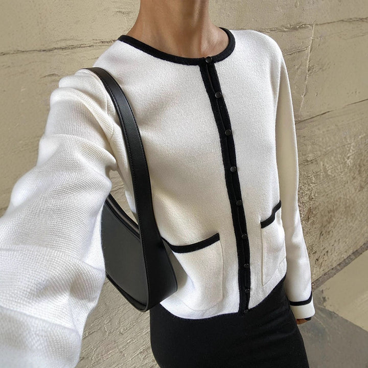 Women Fine Contrast Button Placket Cardigan with Piping and Applied Pockets Amarae