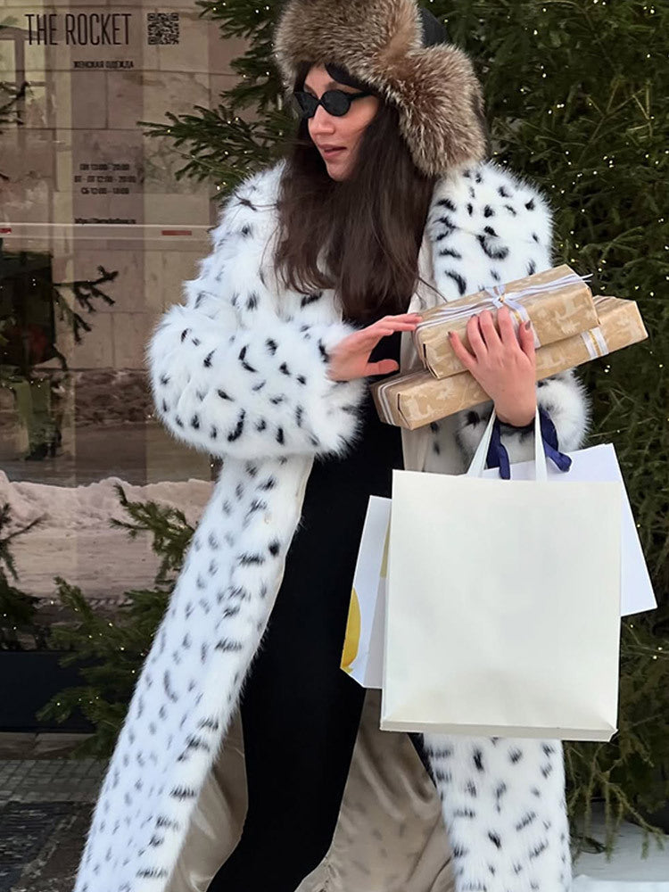 Women's Long Coat made of Faux Fur with Dalmatian Look and Hood Amarae