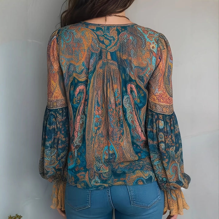 Women’s Boho-Chic Blouse with Flamed Sleeves and V-Neck Lune London