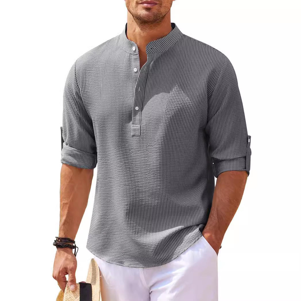 Men's Casual Long Sleeve Shirt with Stand-Up Collar and Ribbed Texture Lune London