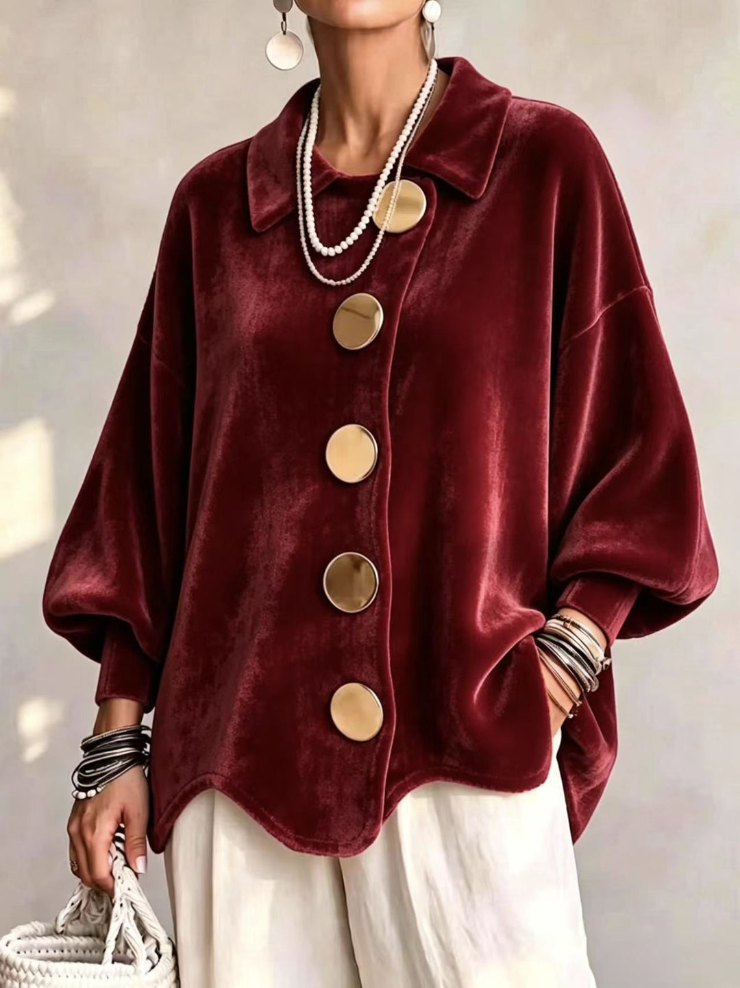 Women's Oversized Velvet Jacket with Large Decorative Buttons and Balloon Sleeves Amarae