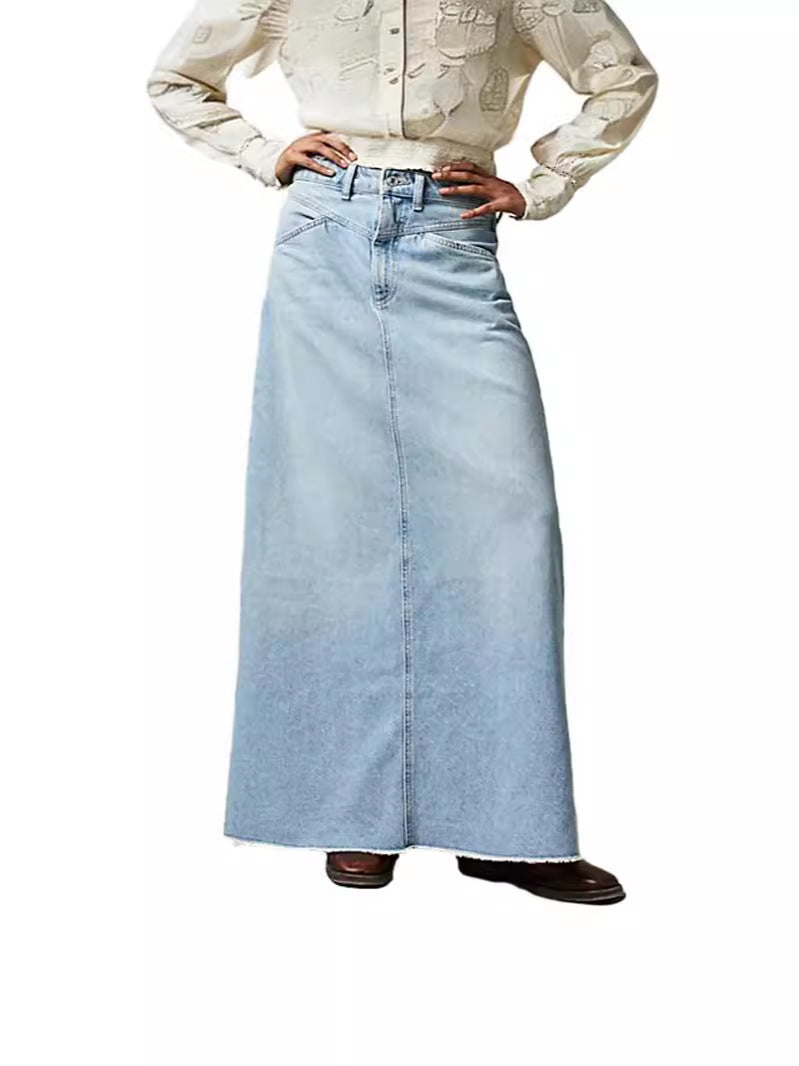 Women's Denim Maxi Skirt with High Waist and Practical Pockets Lune London