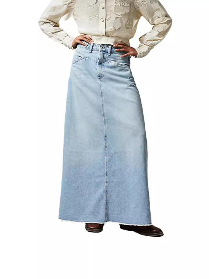 Women's Denim Maxi Skirt with High Waist and Practical Pockets Lune London