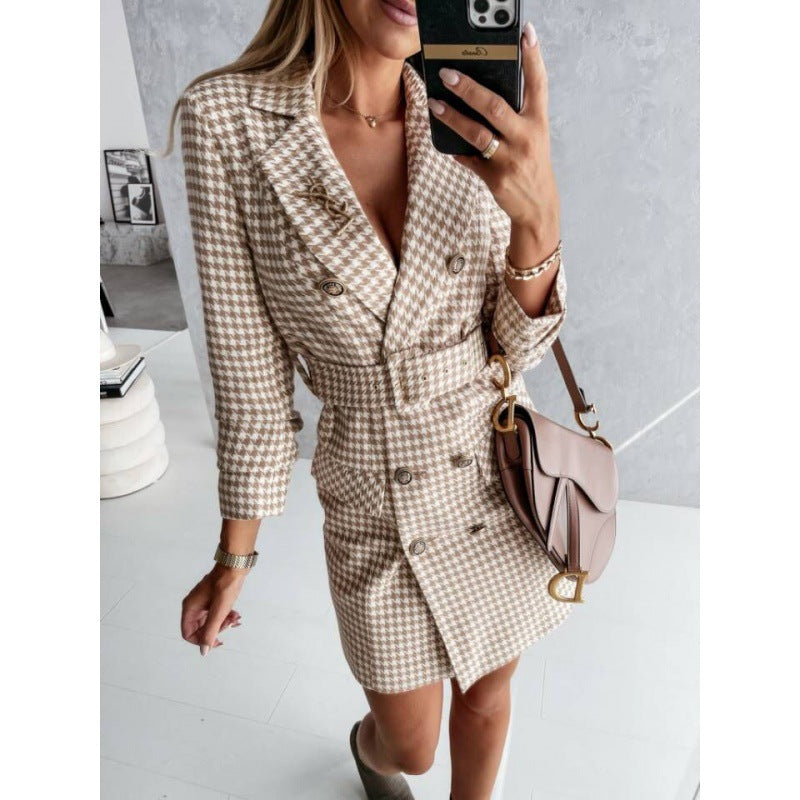 Classic houndstooth design shirt dress for women with elegant fitted waist and double row of buttons Lune London