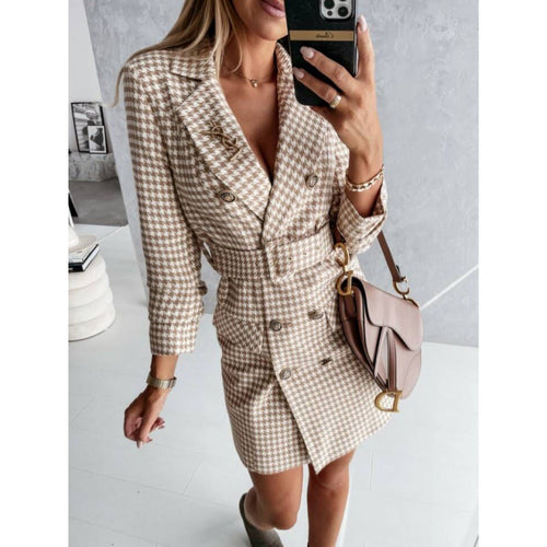 Classic houndstooth design shirt dress for women with elegant fitted waist and double row of buttons Amarae