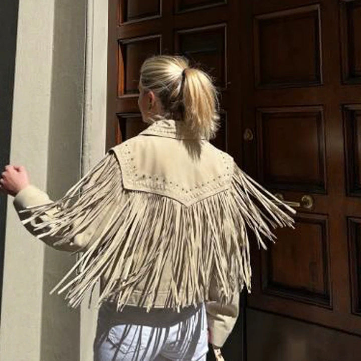Women's Short Fringe Suede Jacket in Western Style with Decorative Stitches and Studs Amarae