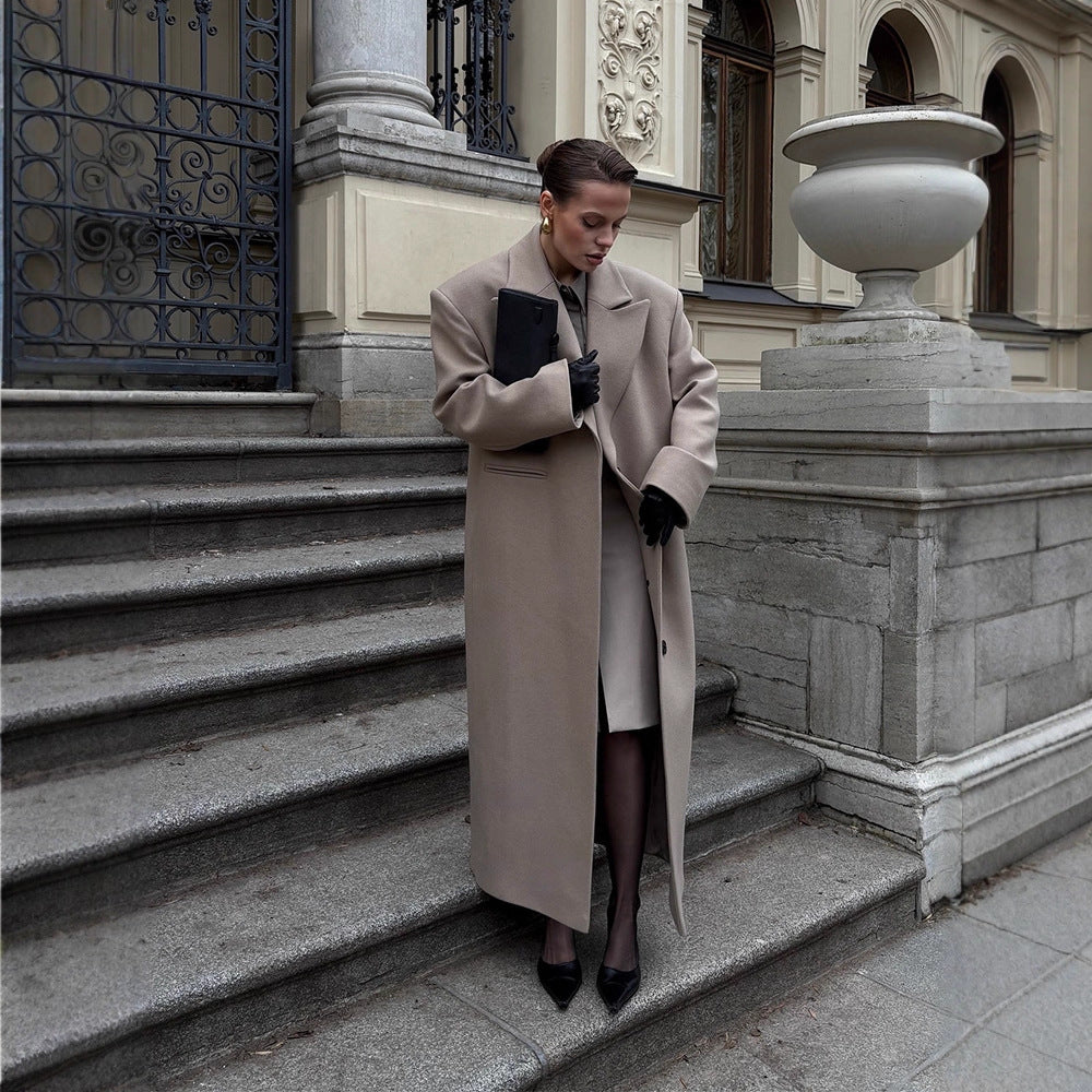 Women Maxilength Clean-Cut Wool Blend Coat with Oversized Lapels and Straight Silhouette Amarae