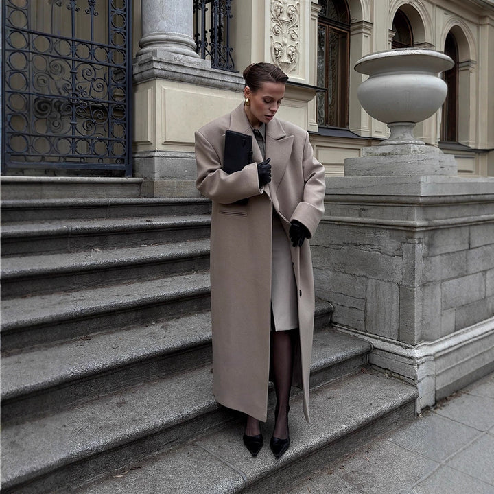 Women Maxilength Clean-Cut Wool Blend Coat with Oversized Lapels and Straight Silhouette Amarae