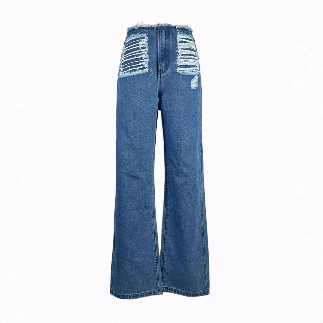 Women's high-cut wide denim jeans with heavily distressed front and raw waistband Amarae