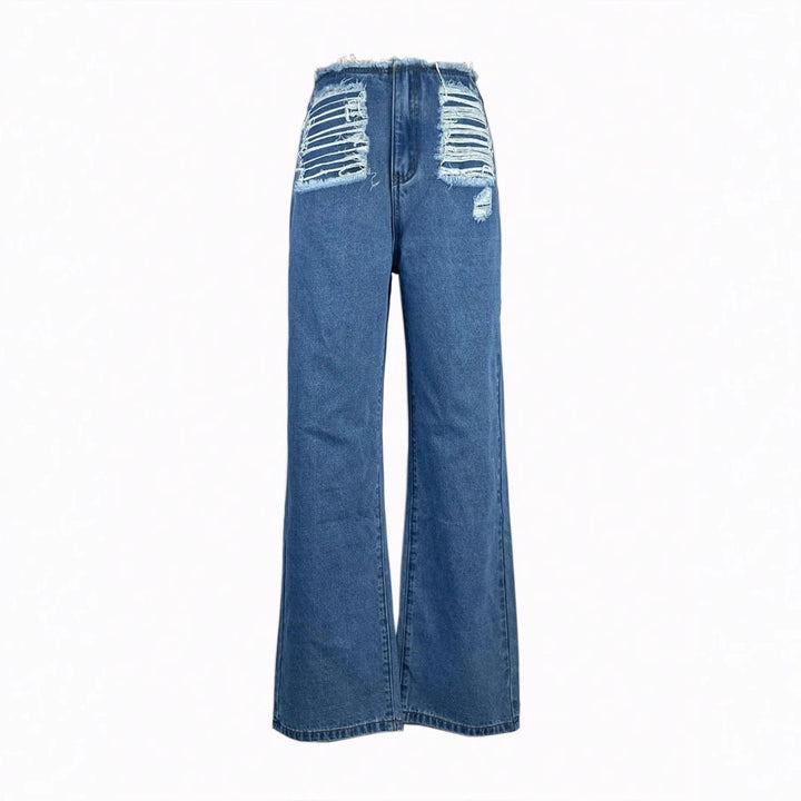 Women's high-cut wide denim jeans with heavily distressed front and raw waistband Amarae