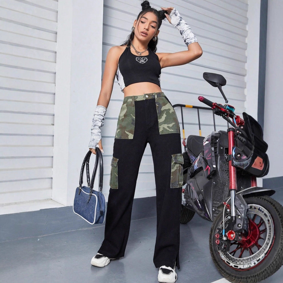 Ladies High-Waist Cargo Jeans with Camouflage Inserts and Wide Leg Amarae