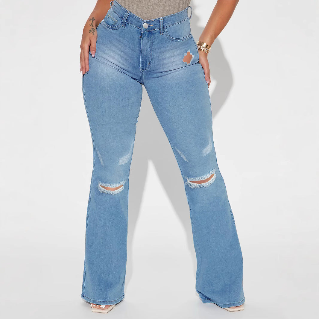 Women's High-Waist Flared Jeans with sculpting waistband and subtle knee rips Amarae
