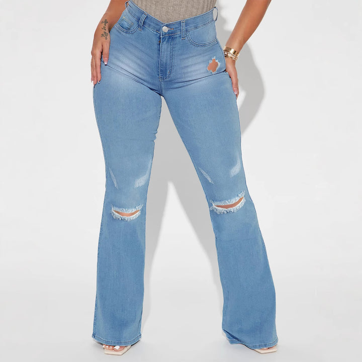 Women's High-Waist Flared Jeans with sculpting waistband and subtle knee rips Amarae