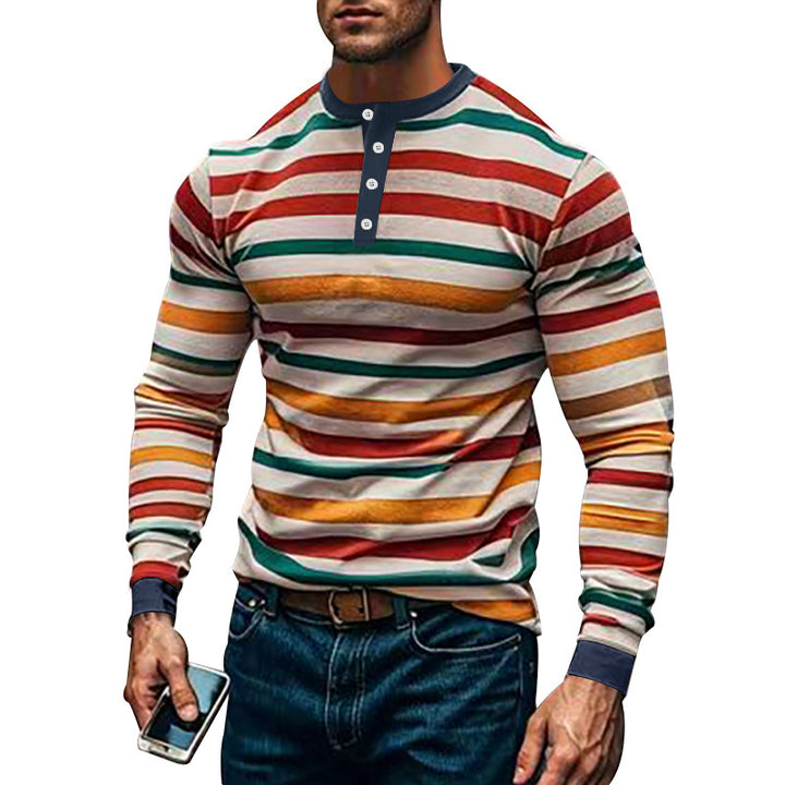 Men's Long Sleeve Henley T-shirt with Fine Striped Pattern and Modern Collar Lune London