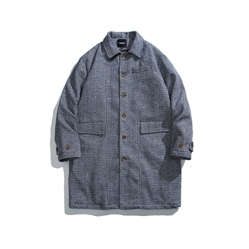 Unisex Kastiger Oversize Wool Blend Coat with Herringbone Pattern, Shirt Collar and Button Placket Amarae
