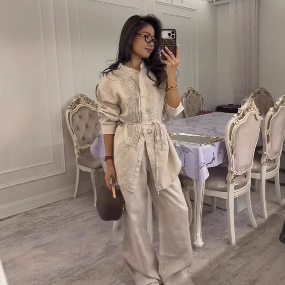 Women Long Shirt Blouse with Fine Pleats, Stand Collar and Tied Belt Amarae