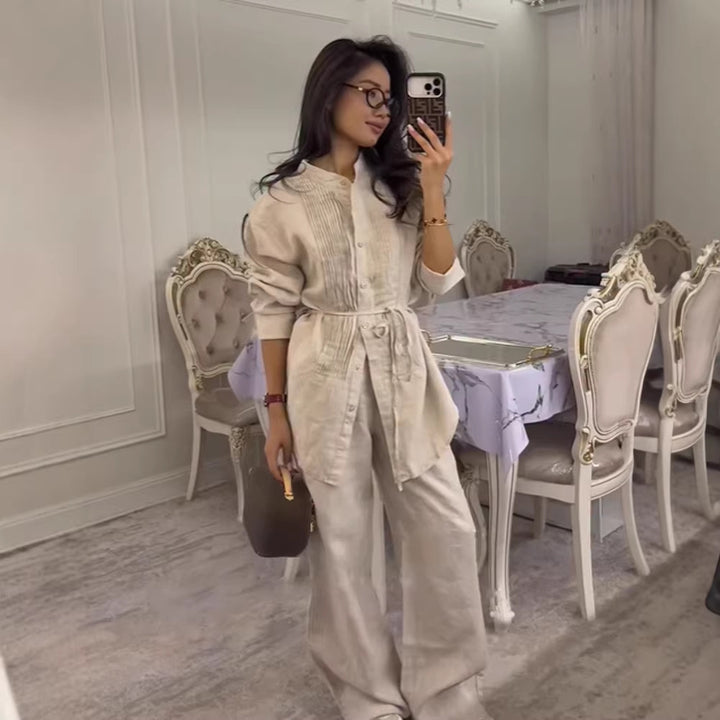 Women Long Shirt Blouse with Fine Pleats, Stand Collar and Tied Belt Amarae