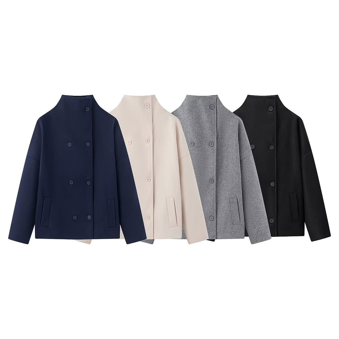 Women Short Cut Double Breasted Wool Blend Cocoon Coat with Stand-up Collar Amarae