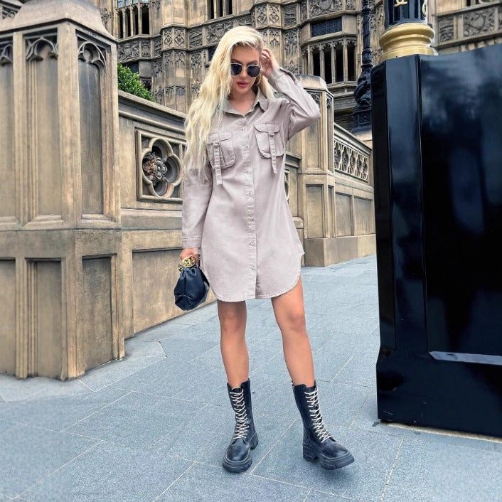 Women Oversized Shirt Dress with Flap Pockets and Curved Hem Amarae