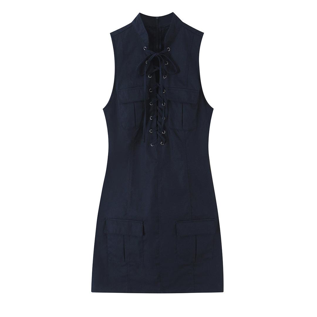 Ladies sleeveless sheath dress with front lacing, stand-up collar and patch pockets Amarae