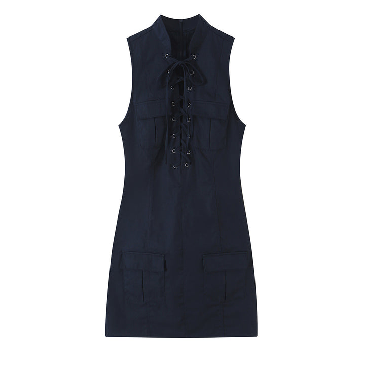 Ladies sleeveless sheath dress with front lacing, stand-up collar and patch pockets Amarae