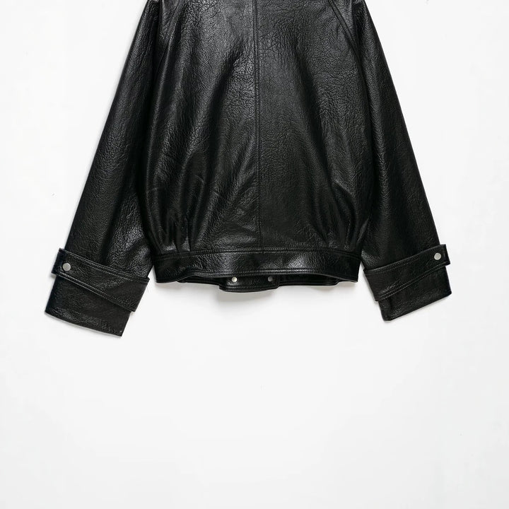 Women's Oversized Faux Leather Jacket with High Stand-Up Collar and Zipper Pockets Amarae
