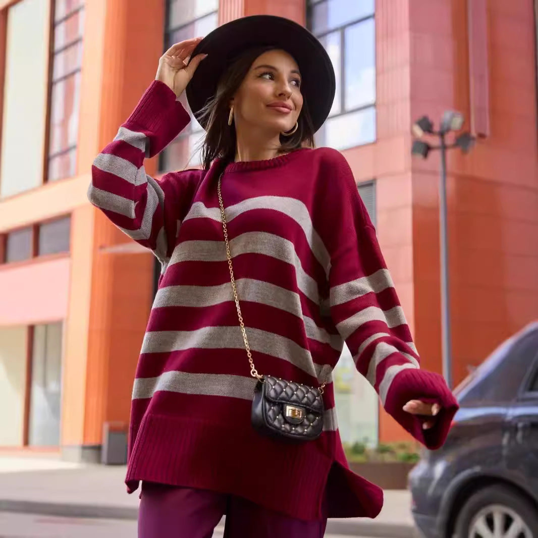 Oversized knit sweater for women with a trendy striped pattern and a richly detailed ribbed texture Lune London