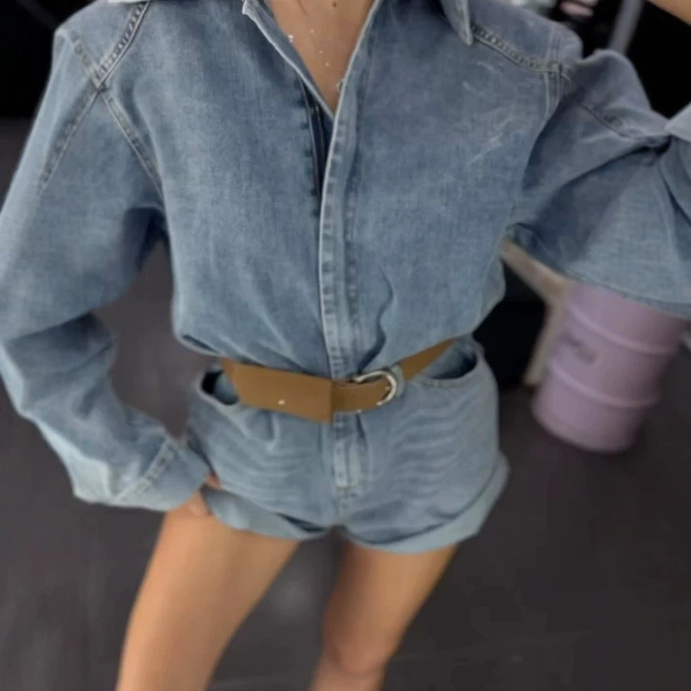 Women's Denim Shorts Overall with Boxy Shirt Top and Waist Belt Amarae
