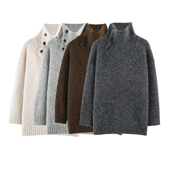 Women's Oversized Knit Sweater with High Ribbed Collar, Button Detail and V-Neck Amarae