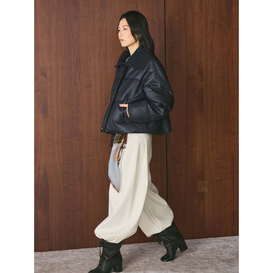 Women's Padded Leather-Look Jacket with Knitted Collar Amarae
