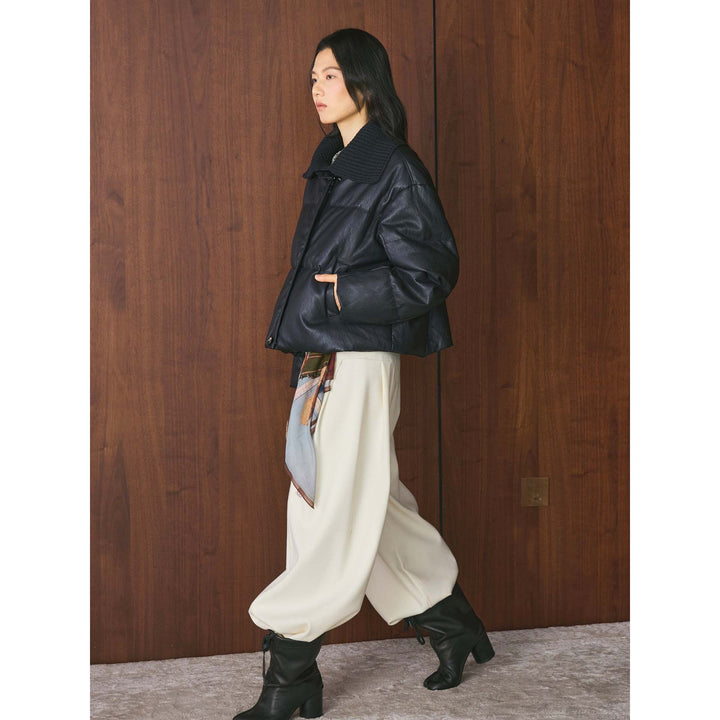 Women's Padded Leather-Look Jacket with Knitted Collar Amarae