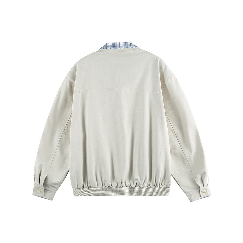 Unisex Lightweight Zip-Over Jacket in Boxy Cut with Check Collar and Elastic Hem Amarae