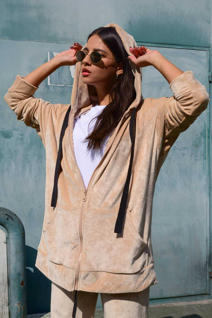 Ladies Luxurious Velvet Hooded Jacket with Soft Lining and Convenient Pockets Lune London