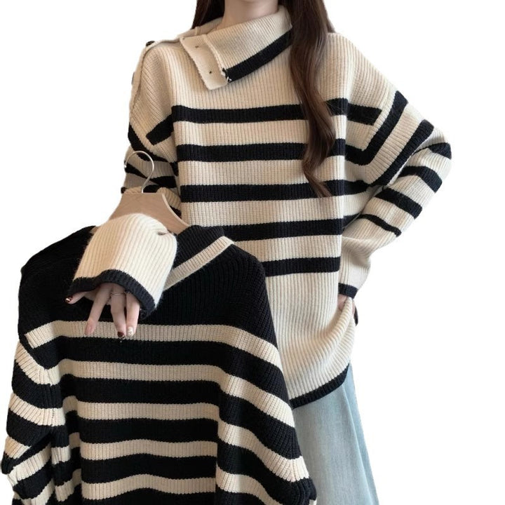 Pull en tricot élégant pour femme avec col asymétrique et motif rayé Chic & Stil