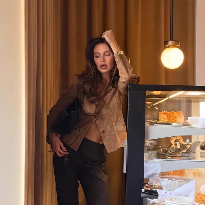 Women's Tailored Suede Blazer Jacket with Shirt Collar and Minimalist Decorative Stitches Amarae
