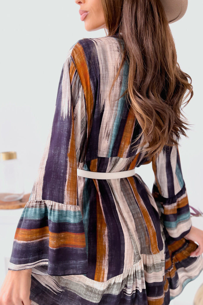 Striped A-line mini dress for women with belt Lune London