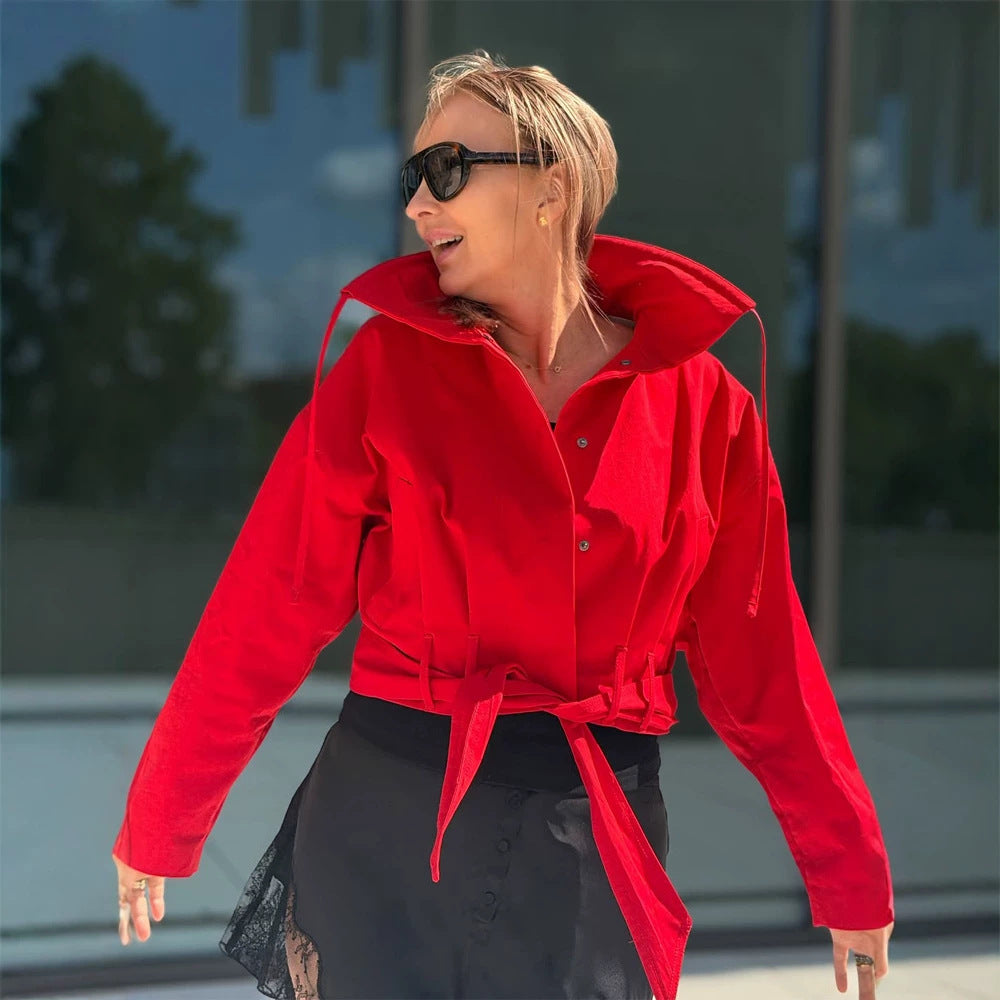 Women's Oversize Short Jacket with Waist Belt and Shirt Collar Amarae