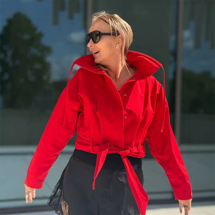Women's Oversize Short Jacket with Waist Belt and Shirt Collar Amarae